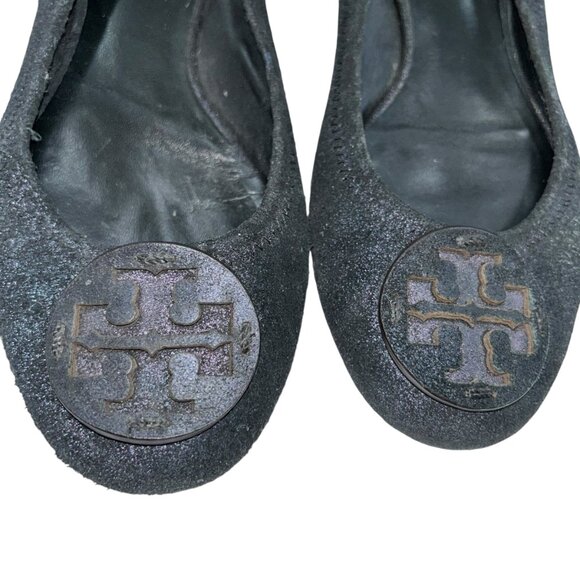 tory burch black shimmer classsic logo ballet slippers flats shoes 7.5 - Picture 2 of 5
